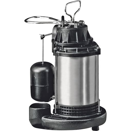 A stainless steel submersible pump with a black float attached to it.