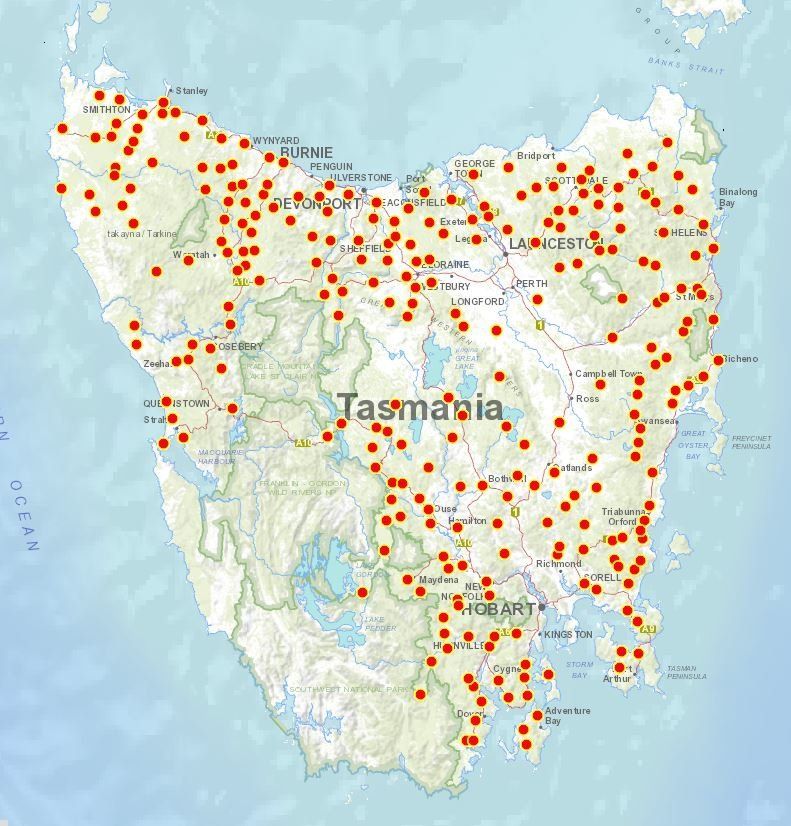a map of tasmania with red dots on it