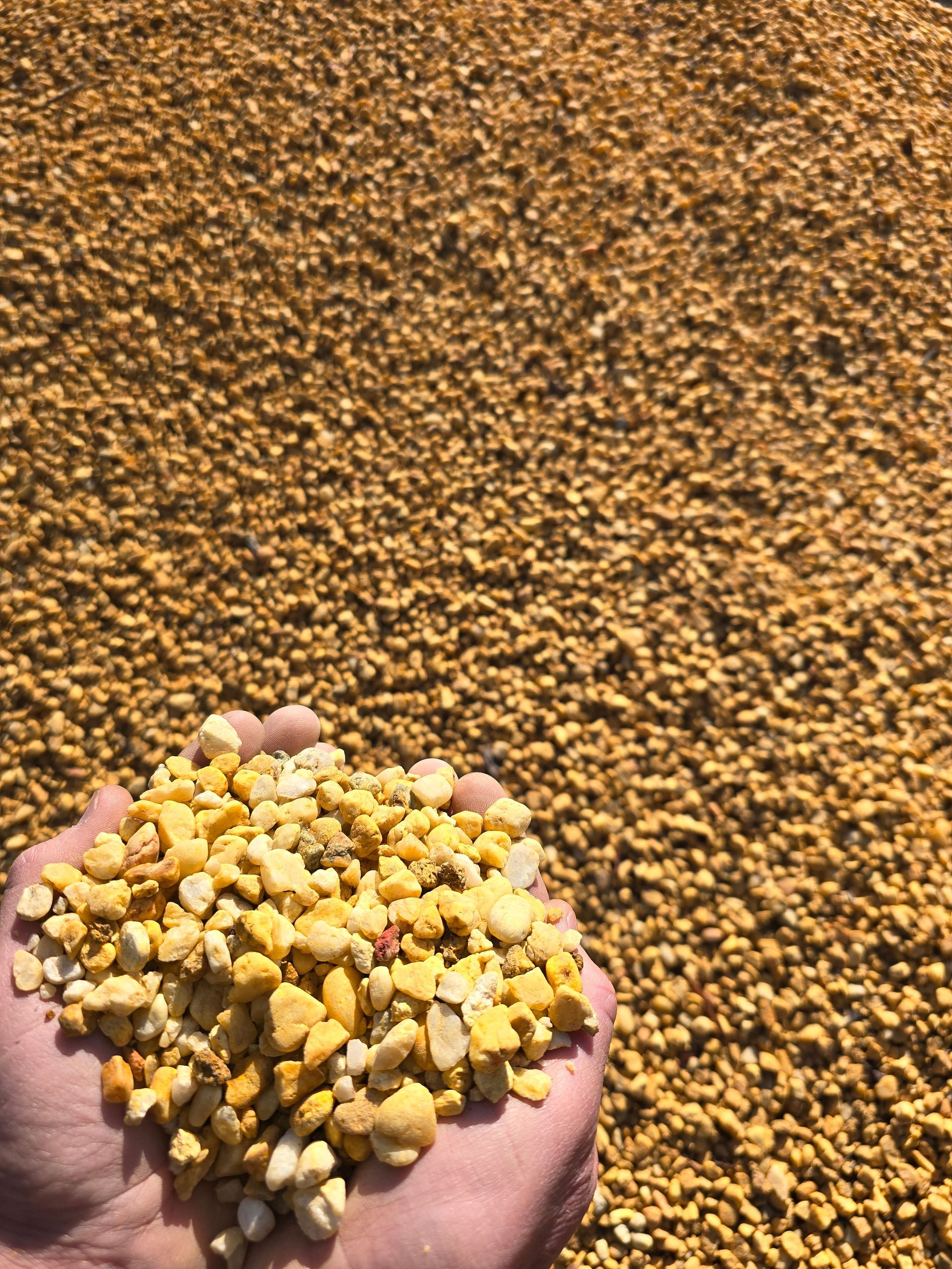 Handful of Yellow Gravel Stones Against a Larger Gravel Pile — BVN Landscape & Steel Supplies in St Georges Basin, NSW