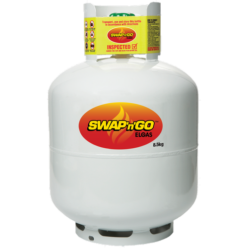 White Swap'n'Go LPG Gas Cylinder With Red and Yellow Oval Logo — BVN Landscape & Steel Supplies in St Georges Basin, NSW