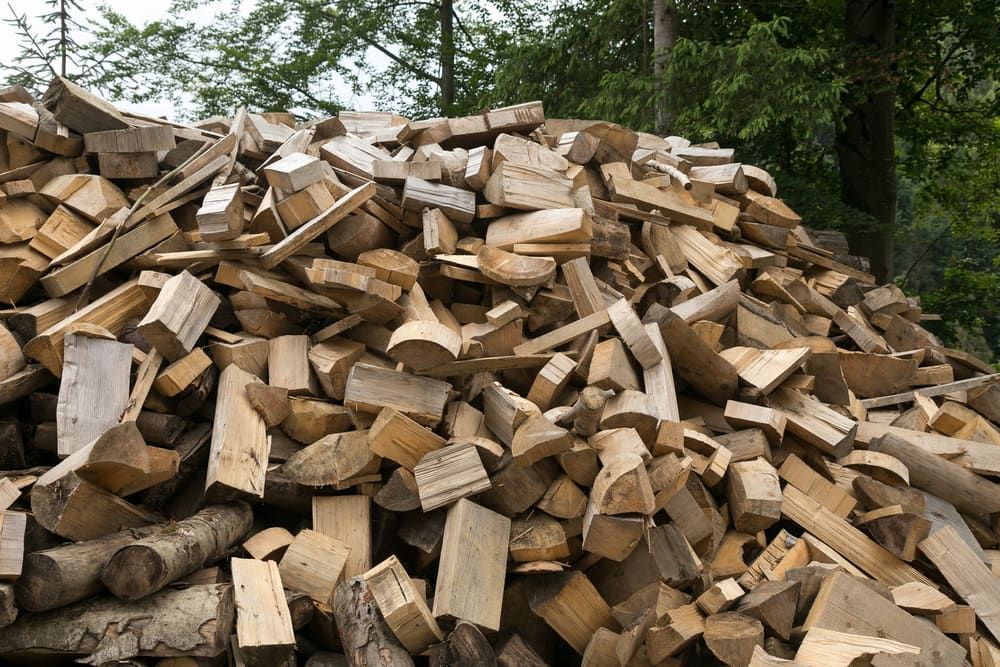 Large Pile of Chopped Firewood Stacked Outdoors Beside Trees — BVN Landscape & Steel Supplies in Huskisson, NSW