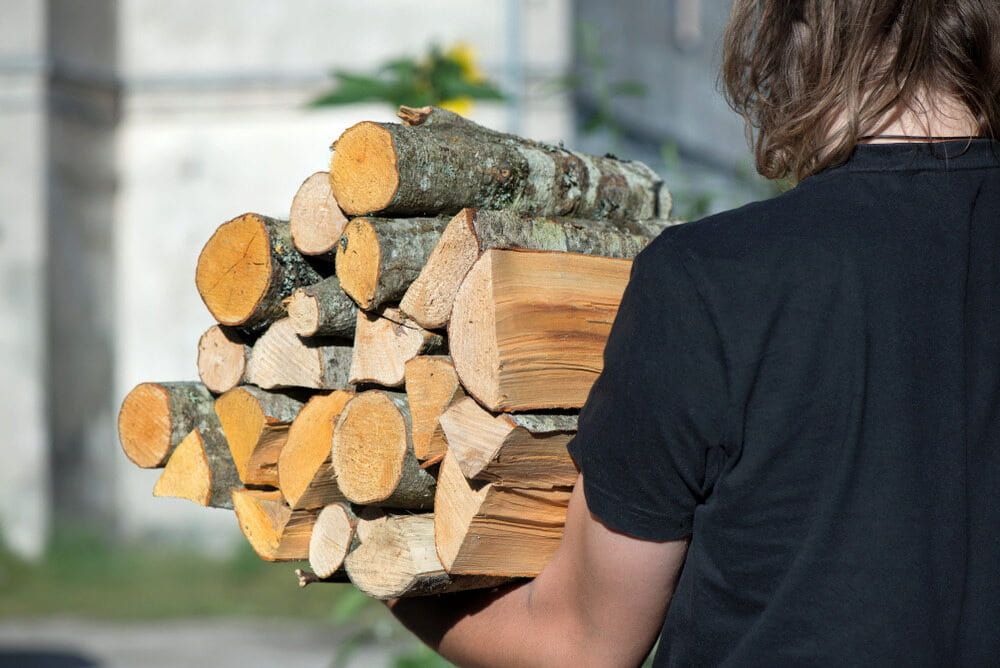 Person Carrying a Stack of Cut Logs Outdoors, Viewed From Behind — BVN Landscape & Steel Supplies in St Georges Basin, NSW