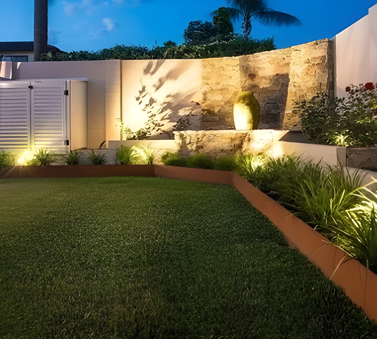 A beautifully landscaped backyard at twilight featuring a stone wall, an illuminated urn, lush greenery, and warm lighting. — BVN Landscape & Steel Supplies in St Georges Basin, NSW