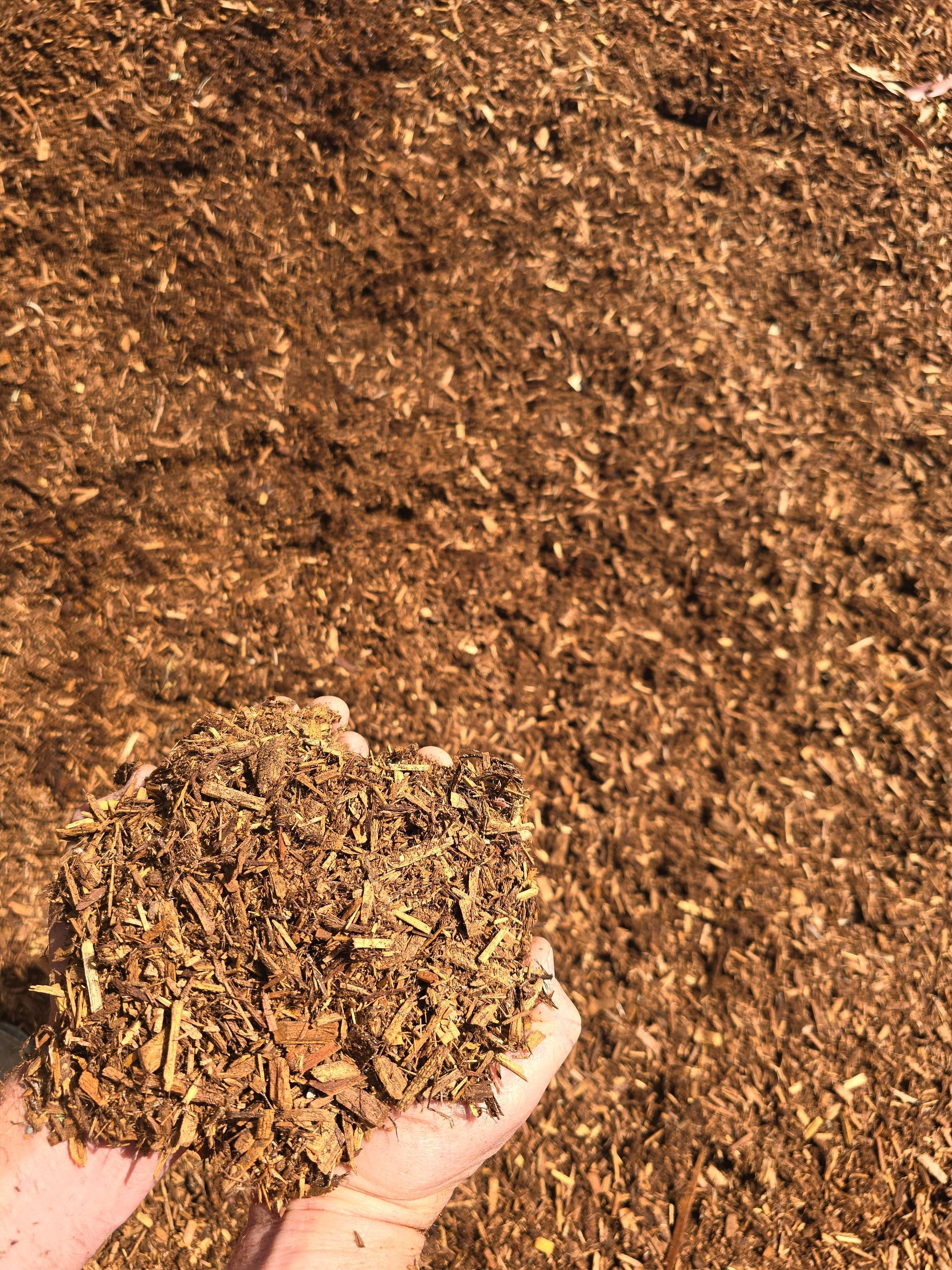 Hand Holding a Pile of Brown Mulch Over a Large Pile of Mulch — BVN Landscape & Steel Supplies in St Georges Basin, NSW