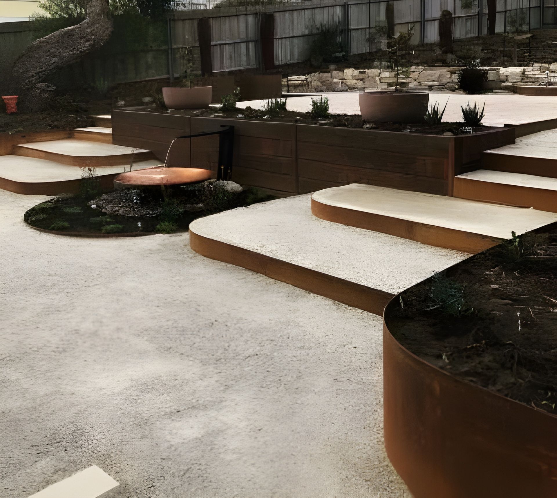 A terraced garden features light-colored paved steps, a circular stone fountain, and rusted metal planter beds. — BVN Landscape & Steel Supplies in St Georges Basin, NSW