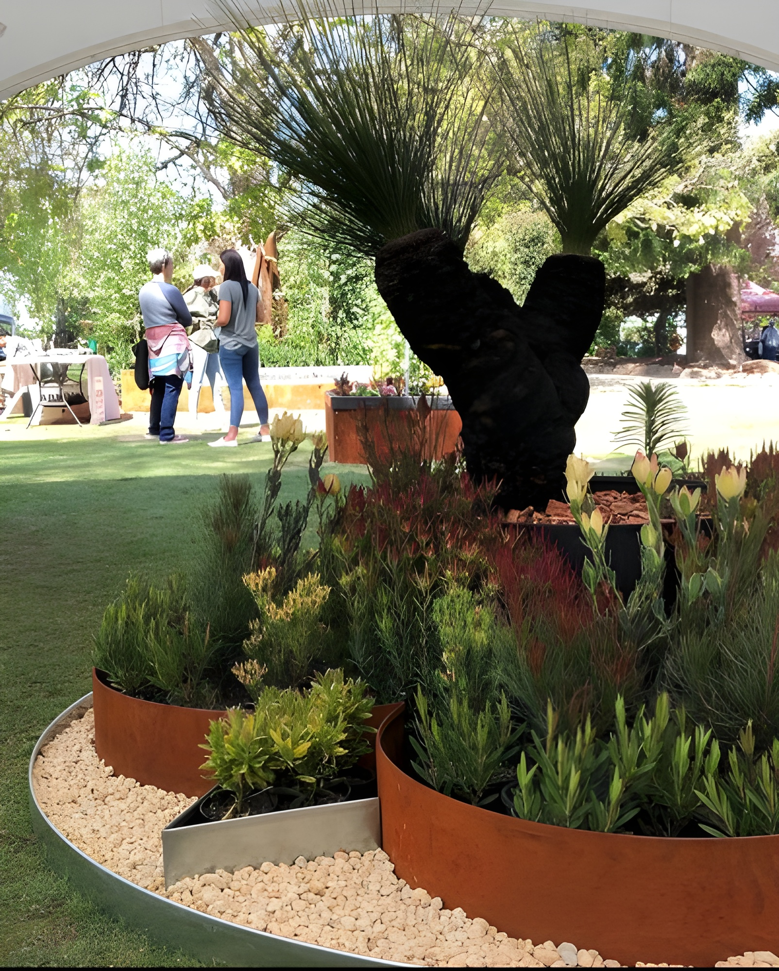 A tiered garden display features native plants and a black grass tree in a park with people standing in the background. — BVN Landscape & Steel Supplies in St Georges Basin, NSW