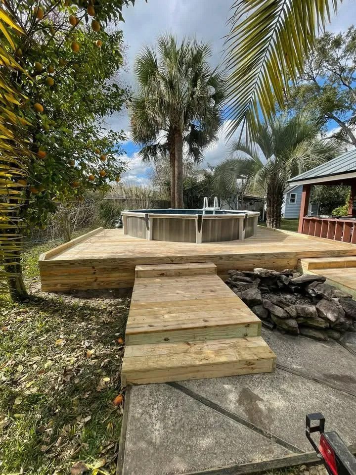 Pool deck in backyard