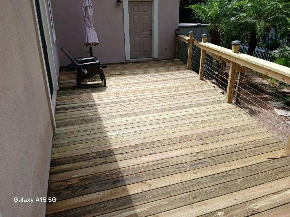Constructed wooden deck featuring light-colored planks
