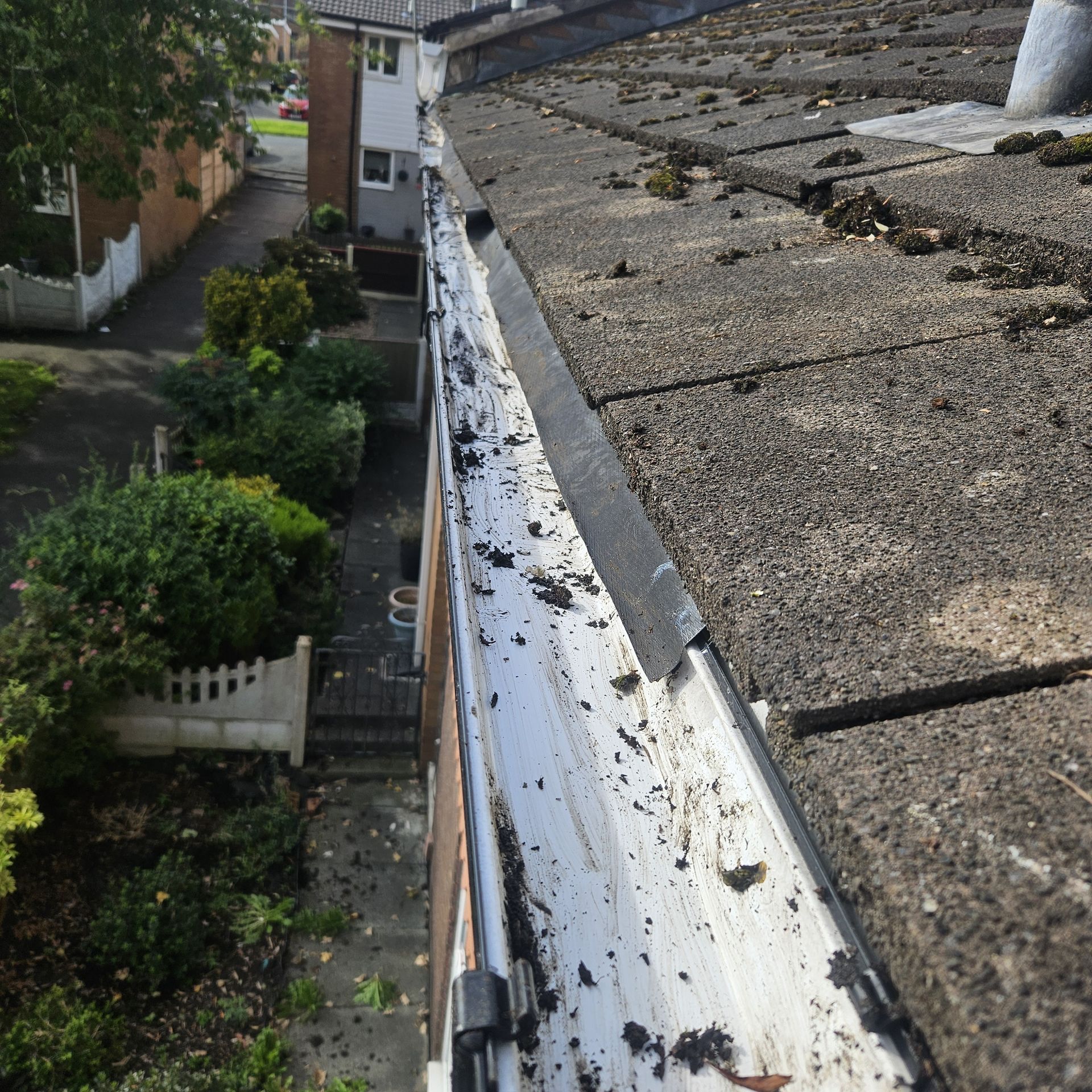 Rooftop gutter and shingles above a narrow alley with trees and fences below