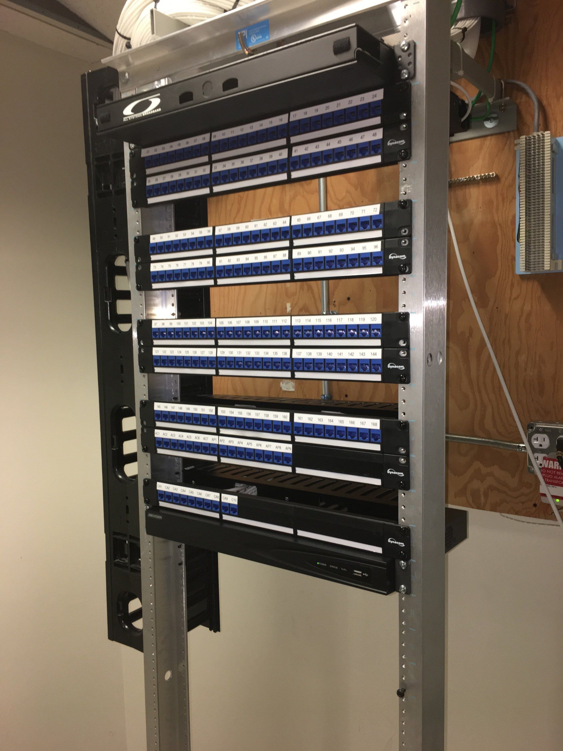 A server rack with a lot of wires on it