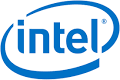 The intel logo is blue and white on a white background.
