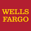 The wells fargo logo is on a red background.