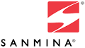 The logo for sanmina is a red square with a white arrow in the middle.