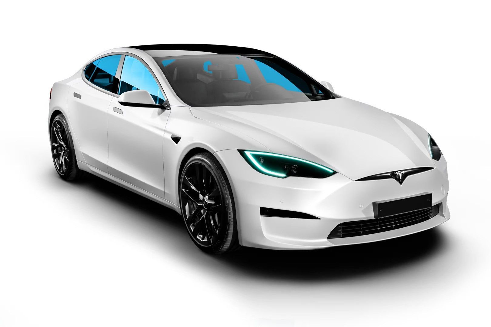 A white tesla model s with blue lights on a white background.