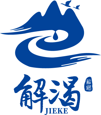 藍色標誌，圖案為山、浪和鳥，上方有漢字和「傑科」字樣。