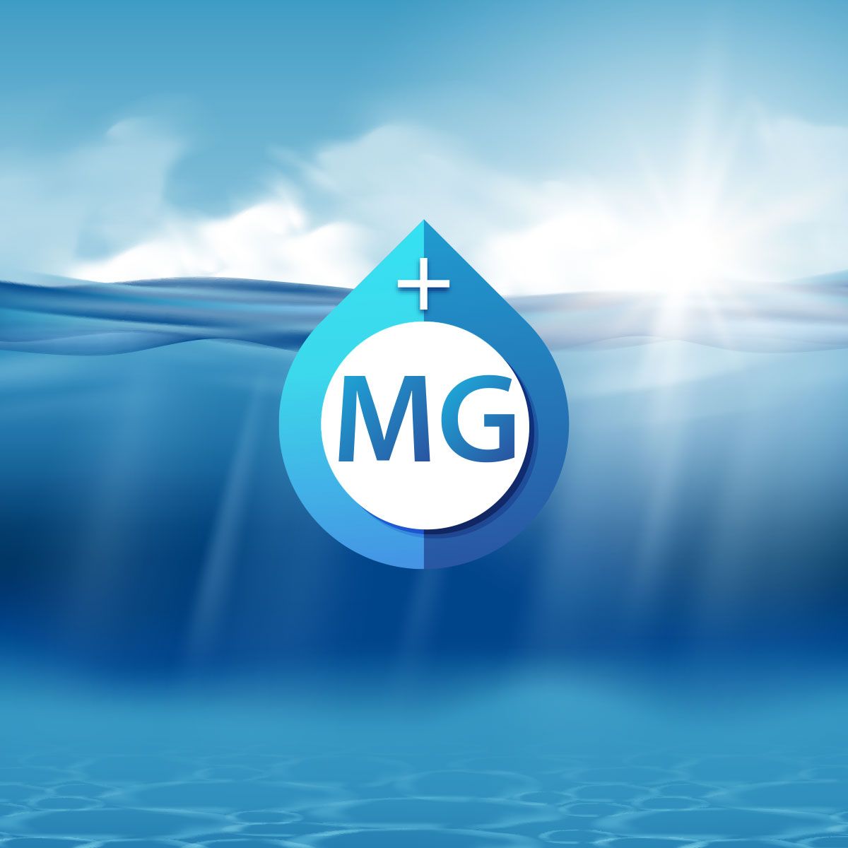 藍色水滴標誌，內含「MG」字樣和白色加號，背景為海洋。