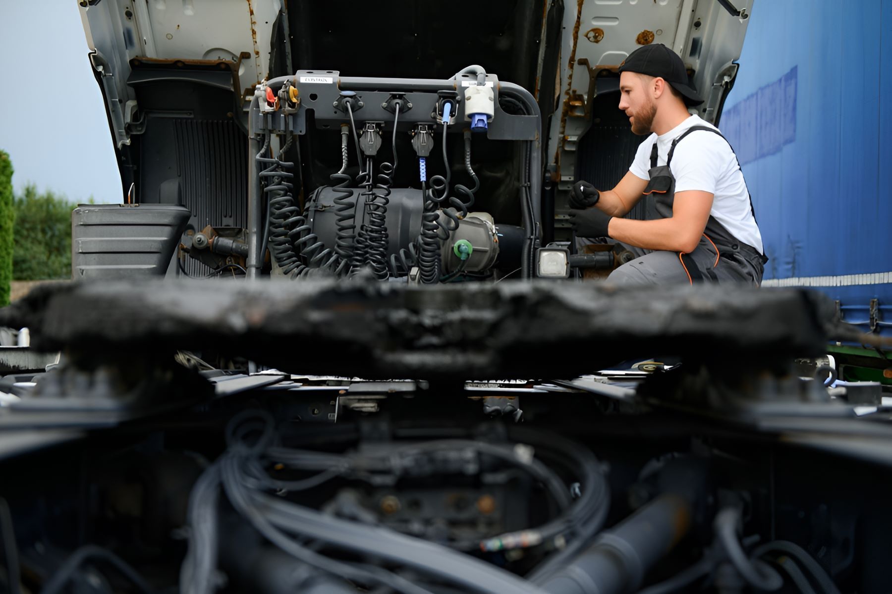 A Man is Working on the Engine of a Truck — SMK Rural & Mechanical Pty Ltd in Rockhampton City, QLD