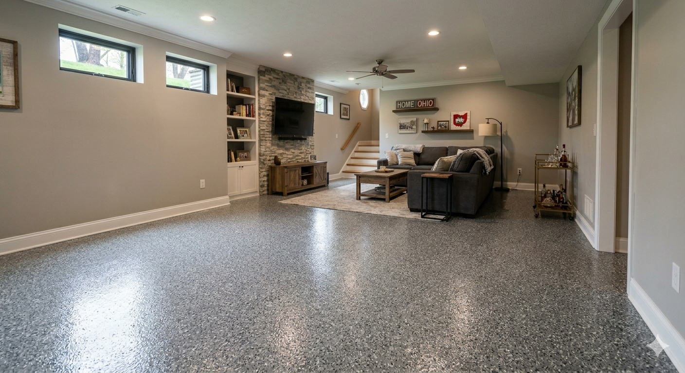 Spacious finished basement with gray speckled floor, sectional sofa, stone fireplace, and recessed lighting