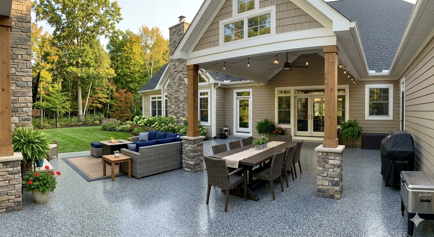 Covered backyard patio with wicker seating, dining table, grill, and stone columns beside a house
