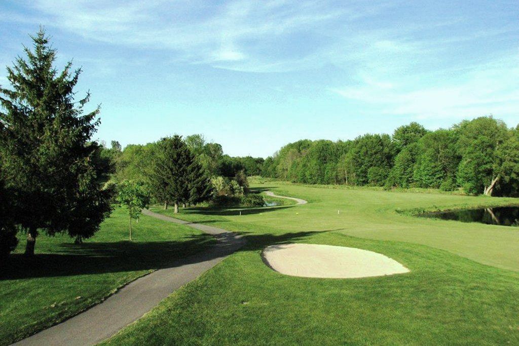 A golf course with a path going through it and trees in the background