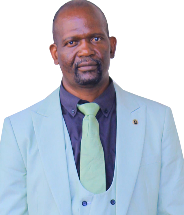 A man in a suit and tie is standing in front of a white background