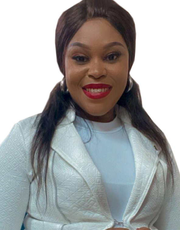 A woman wearing a white jacket and red lipstick smiles for the camera