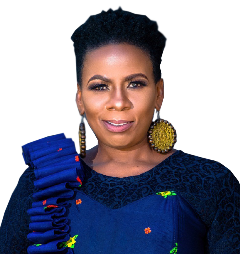 A woman wearing a blue dress and earrings smiles for the camera