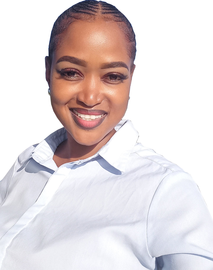 A woman in a white shirt is smiling for the camera.