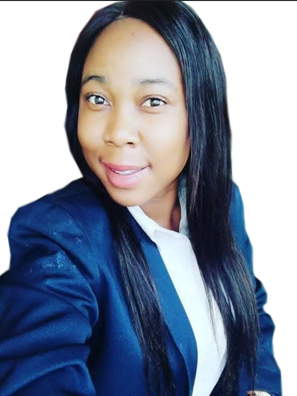 A woman is wearing a blue jacket and white shirt