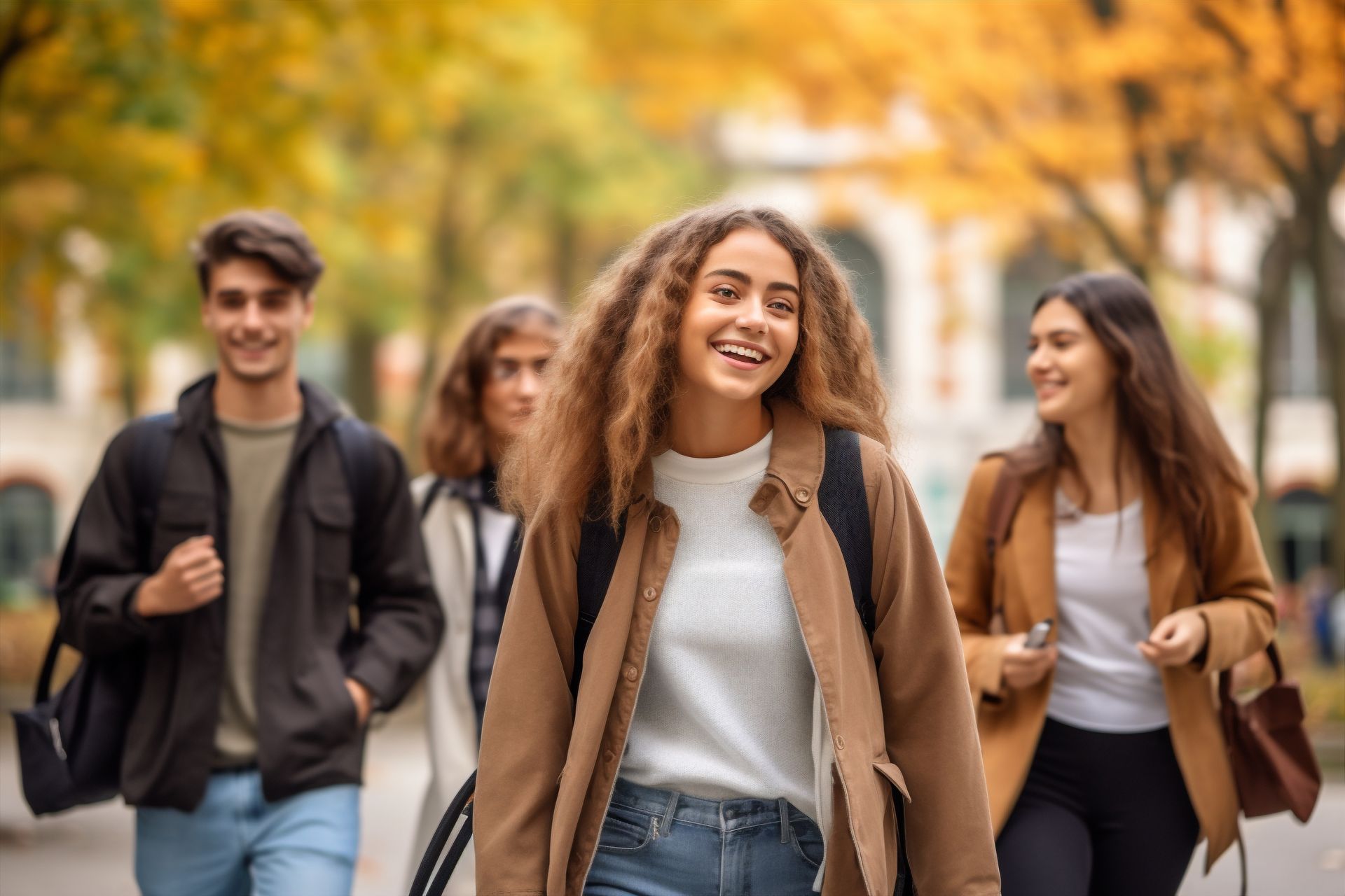 A group of young people are walking down a street.