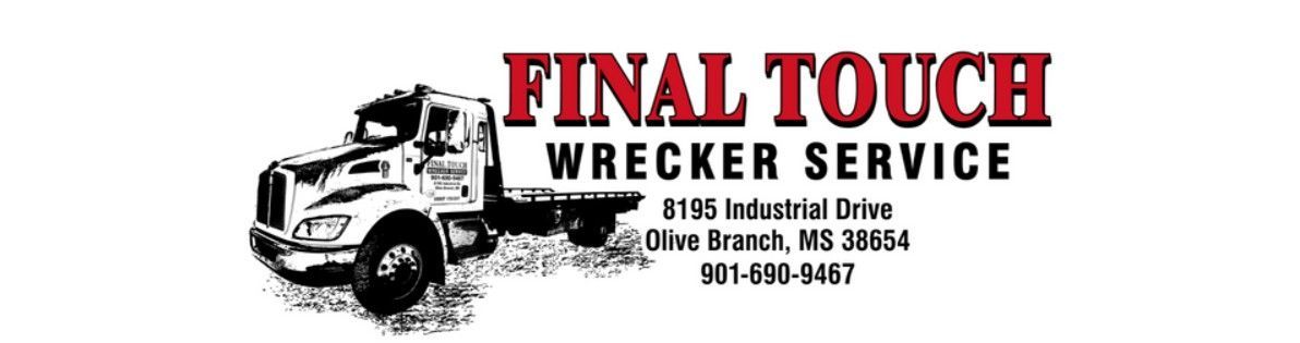 Logo for Final Touch Wrecker Service in Olive Branch, MS, featuring a black-and-white flatbed tow truck illustration.