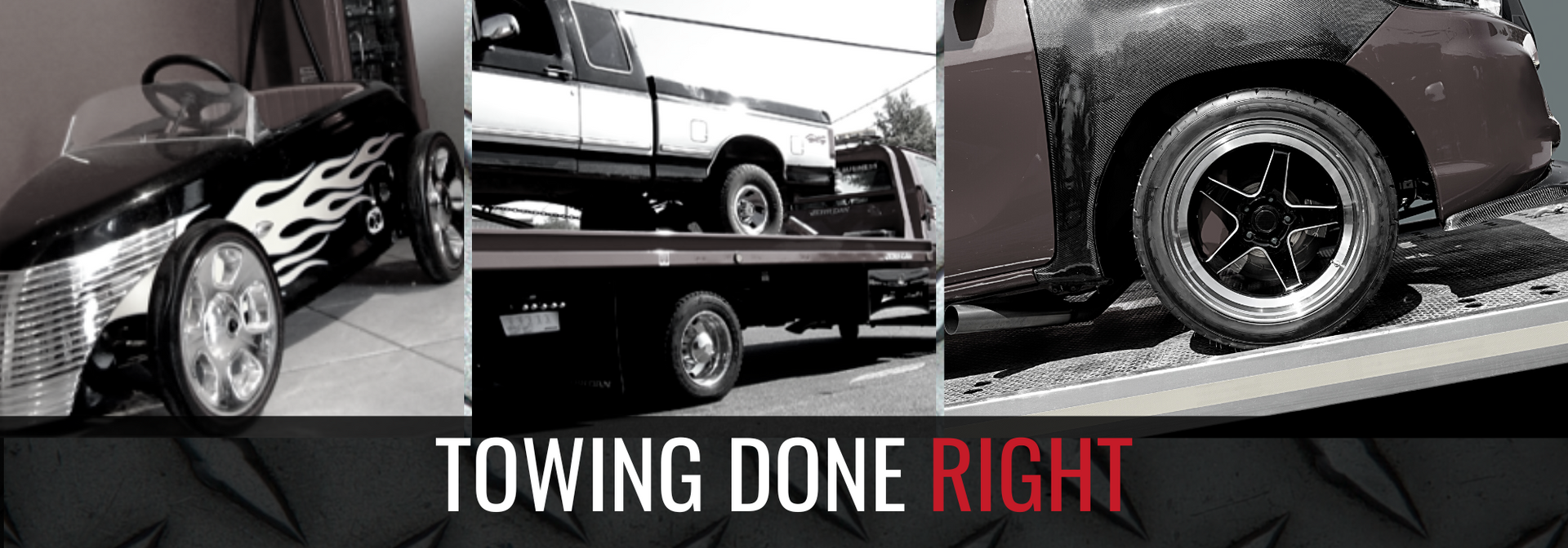 Three panels show a custom vehicle, a truck on a flatbed tow truck, and a close-up of a car wheel, text: 
