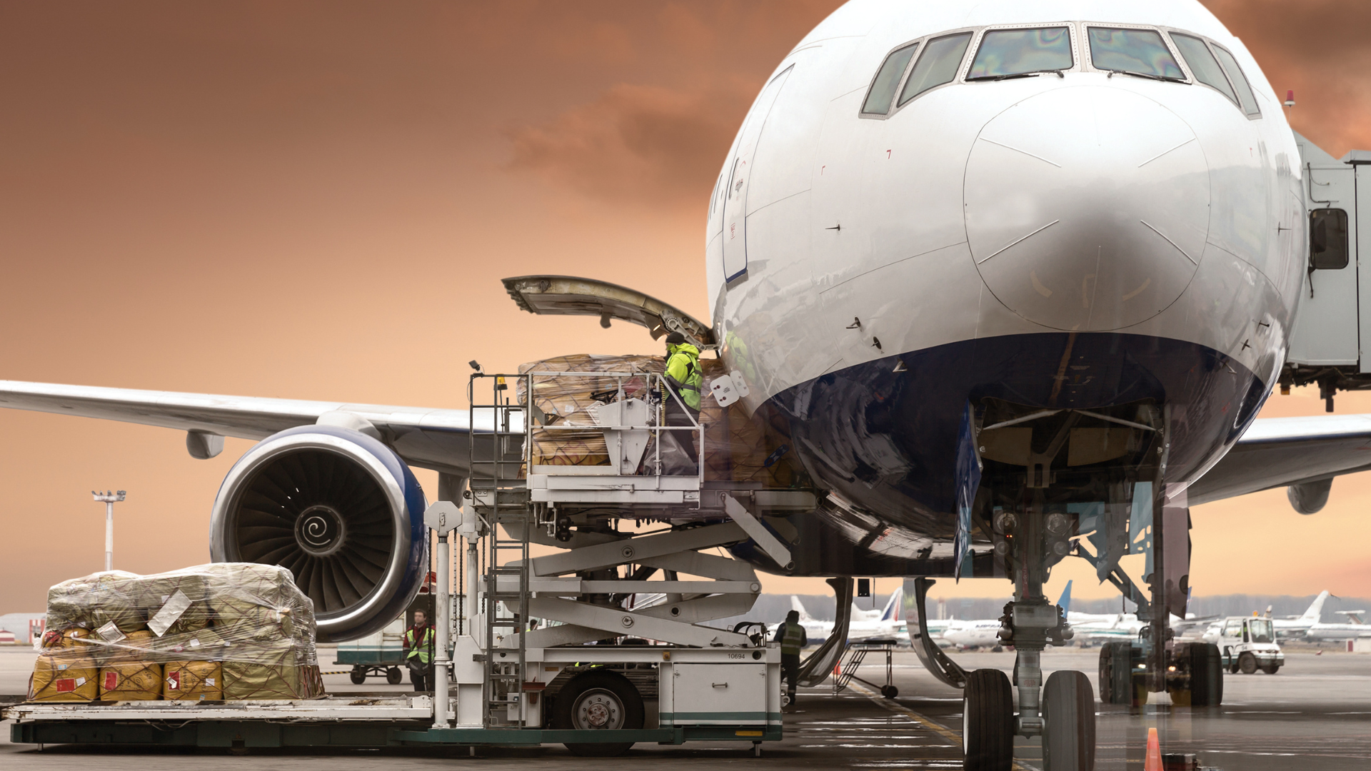 A large passenger jet is being loaded with cargo at an airport.