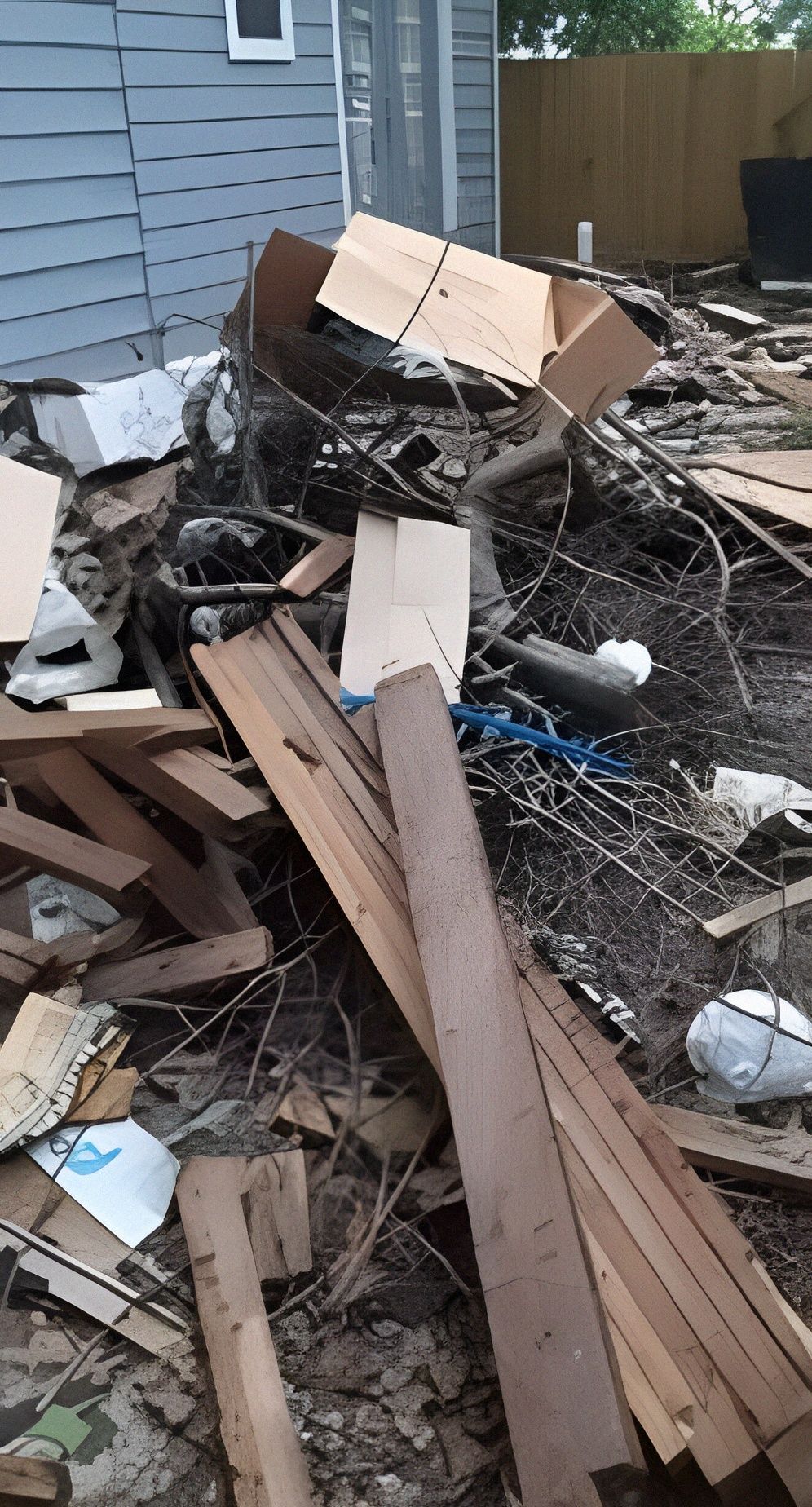 A large pile of branches is in front of a house