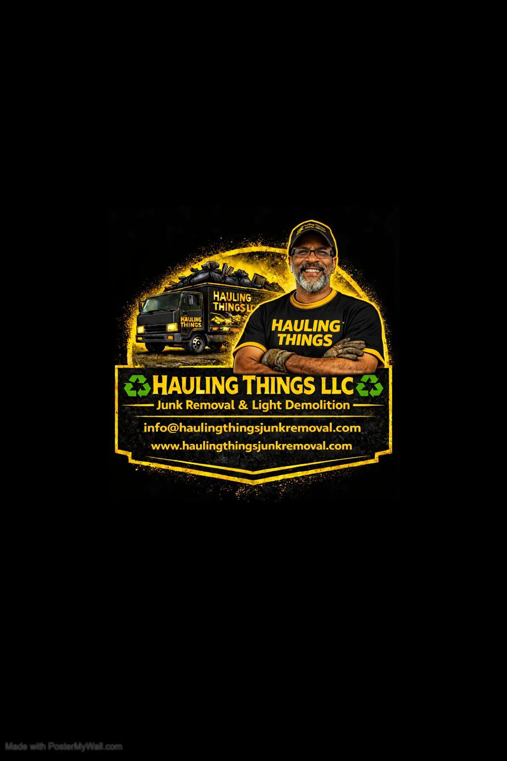 Man pointing at his t-shirt advertising a removal service with eco-friendly recycling.