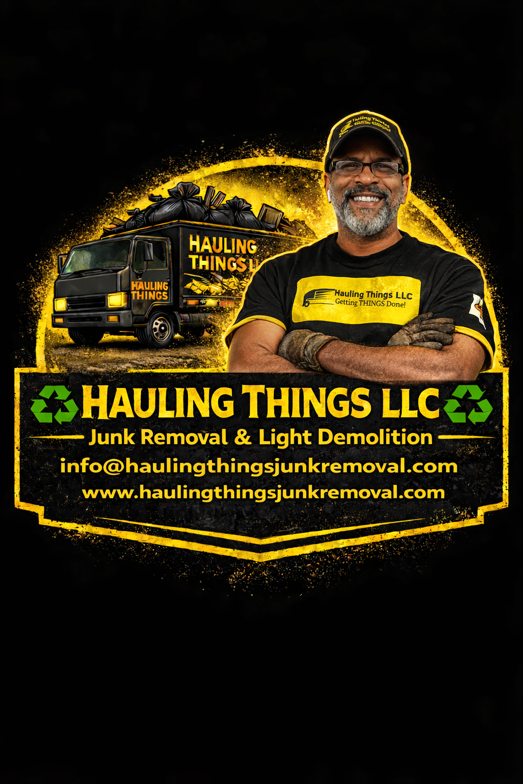 A logo for hauling things llc removal service