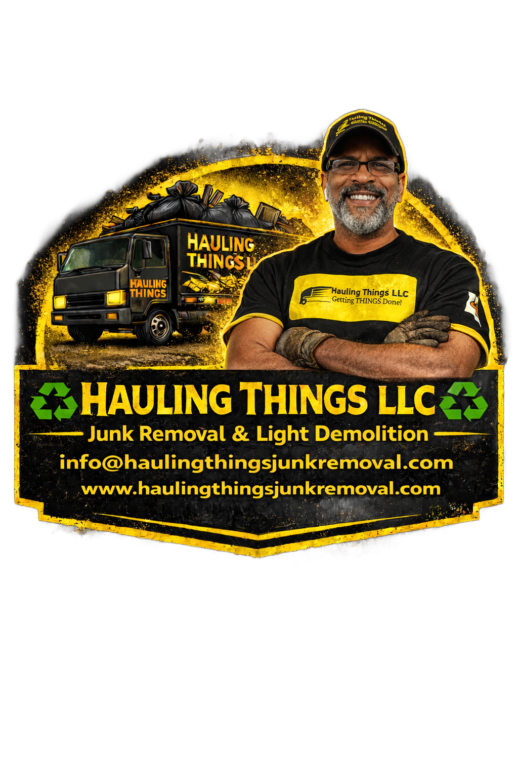 A logo for hauling things llc removal service
