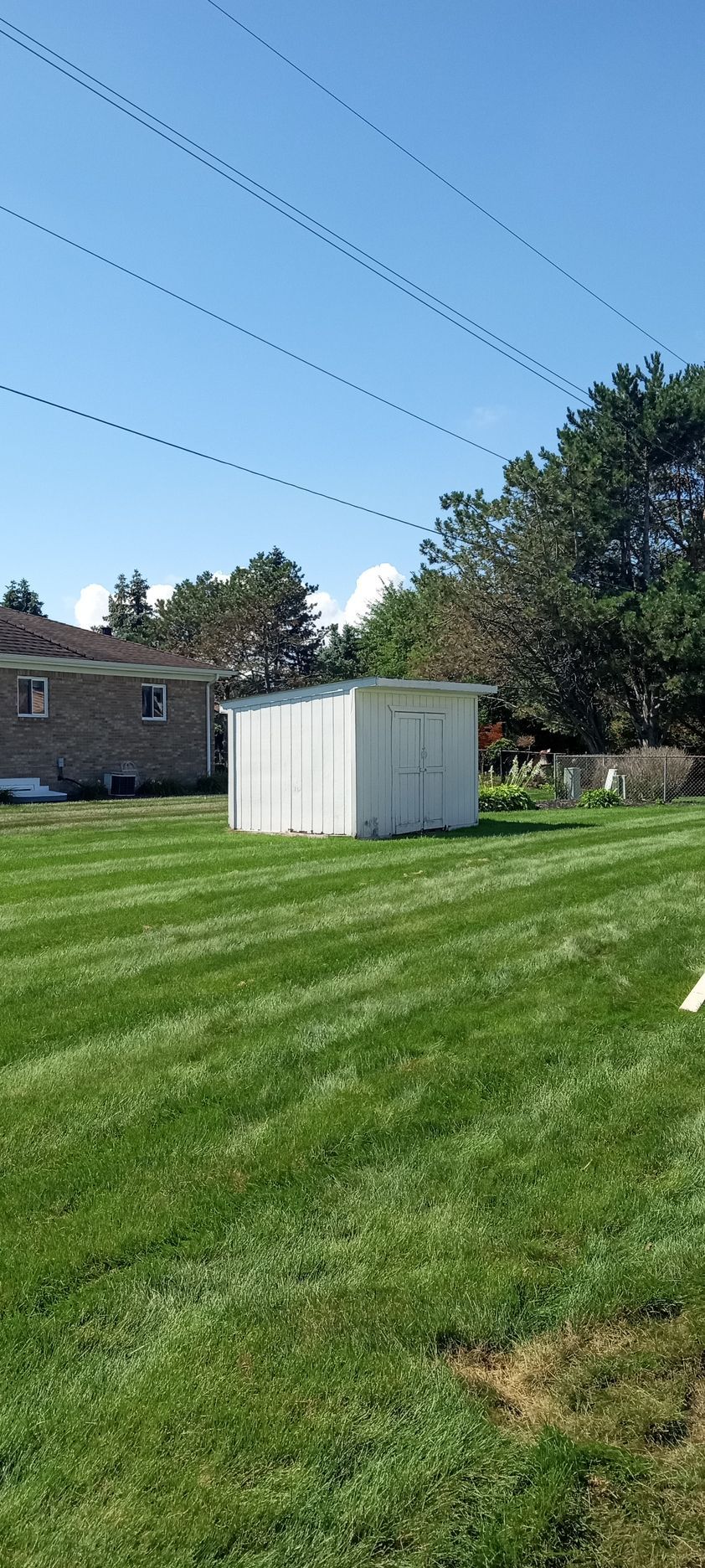A white shed is sitting in the middle of a lush green field.