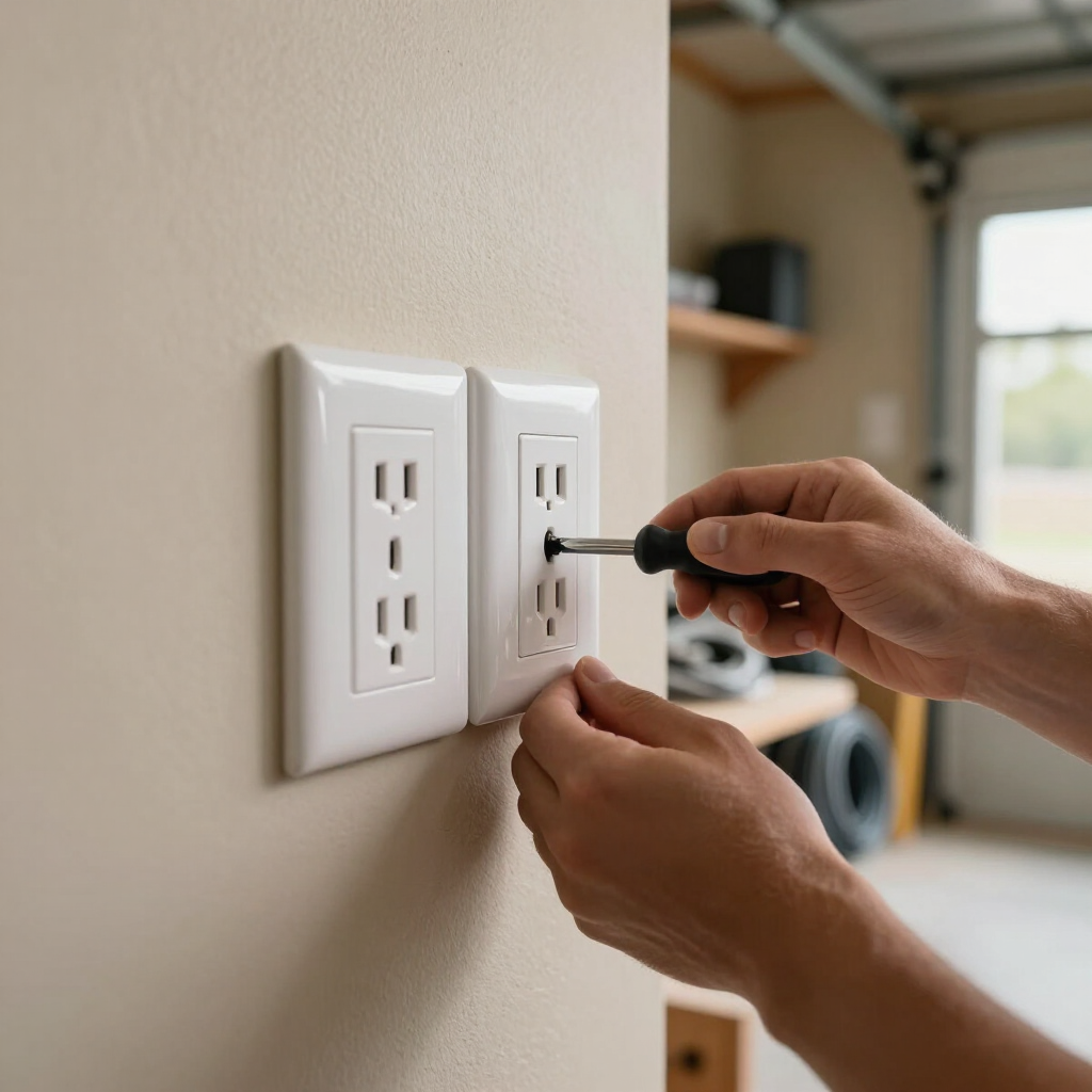 Hands installing a black screw into a white wall outlet beside a double electrical outlet.