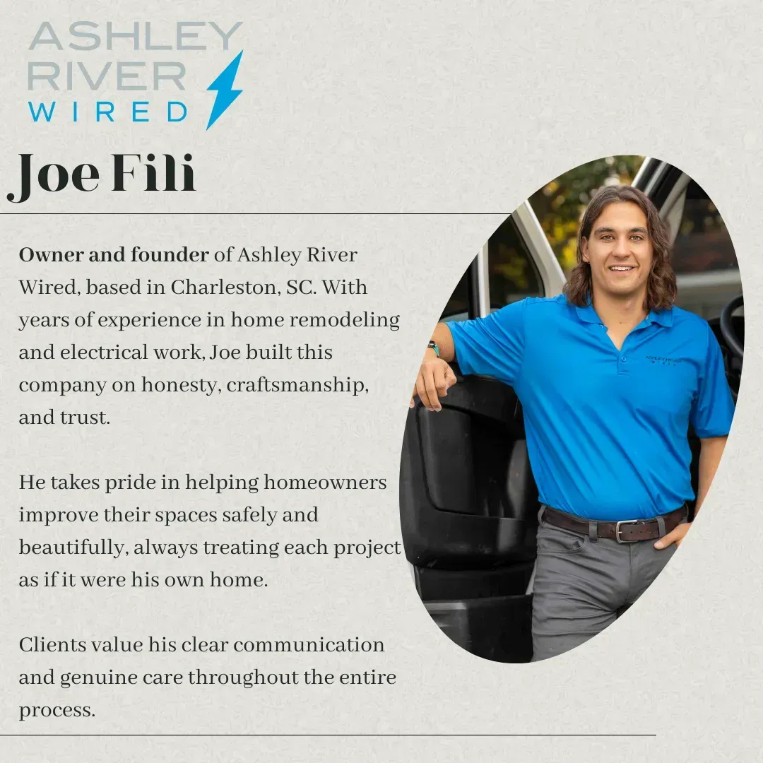 Joe Fila bio card with Ashley River Wired logo, portrait, and text about remodeling and design experience
