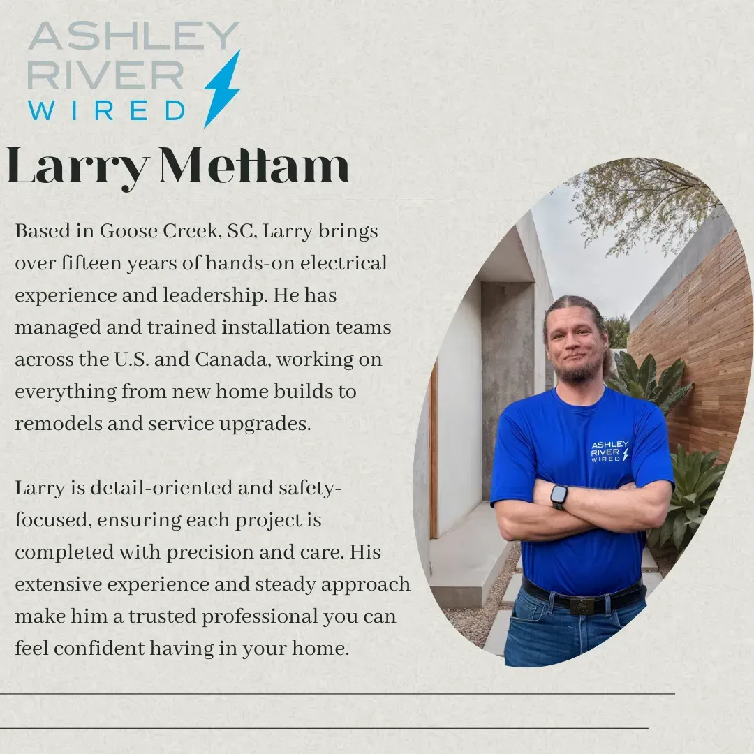 Larry Mecham portrait for Ashley River Wired, blue shirt, standing by logo with business bio text.