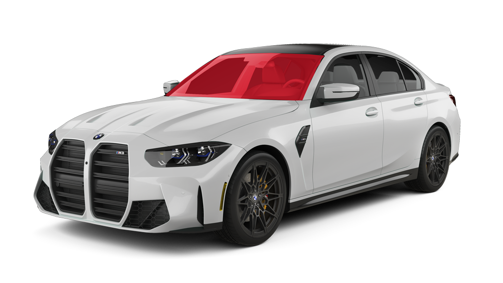 Red and silver sports sedan on a white background, front three-quarter view.