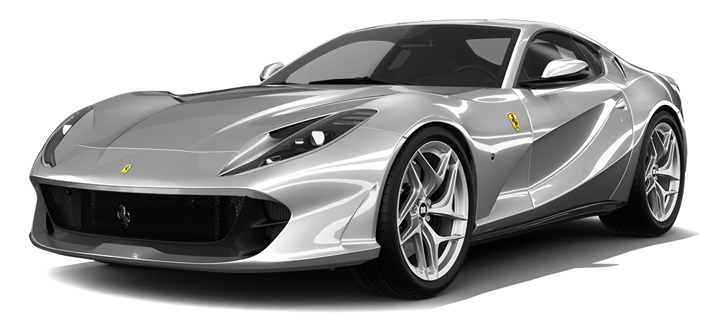 Silver Ferrari sports car on a white background, shown in front three-quarter view.