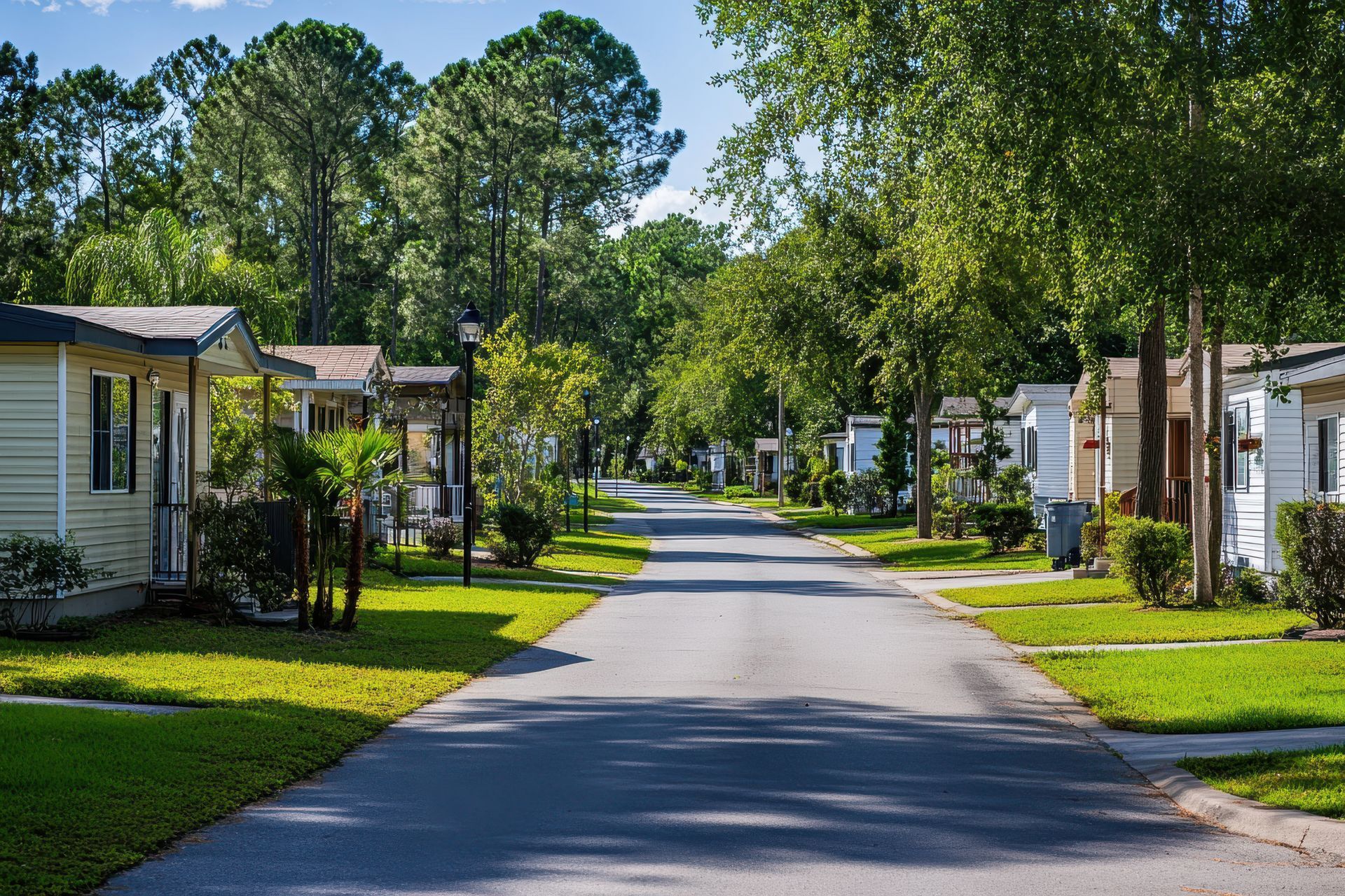 A paved road through a trailer park lined with mobile homes and green lawns under a sunny sky.
