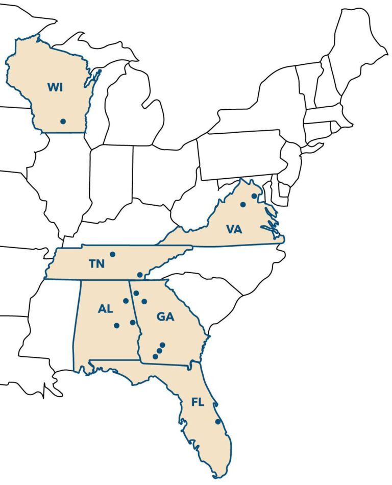Map of US southeast region, colored states with green, blue, and orange data points.