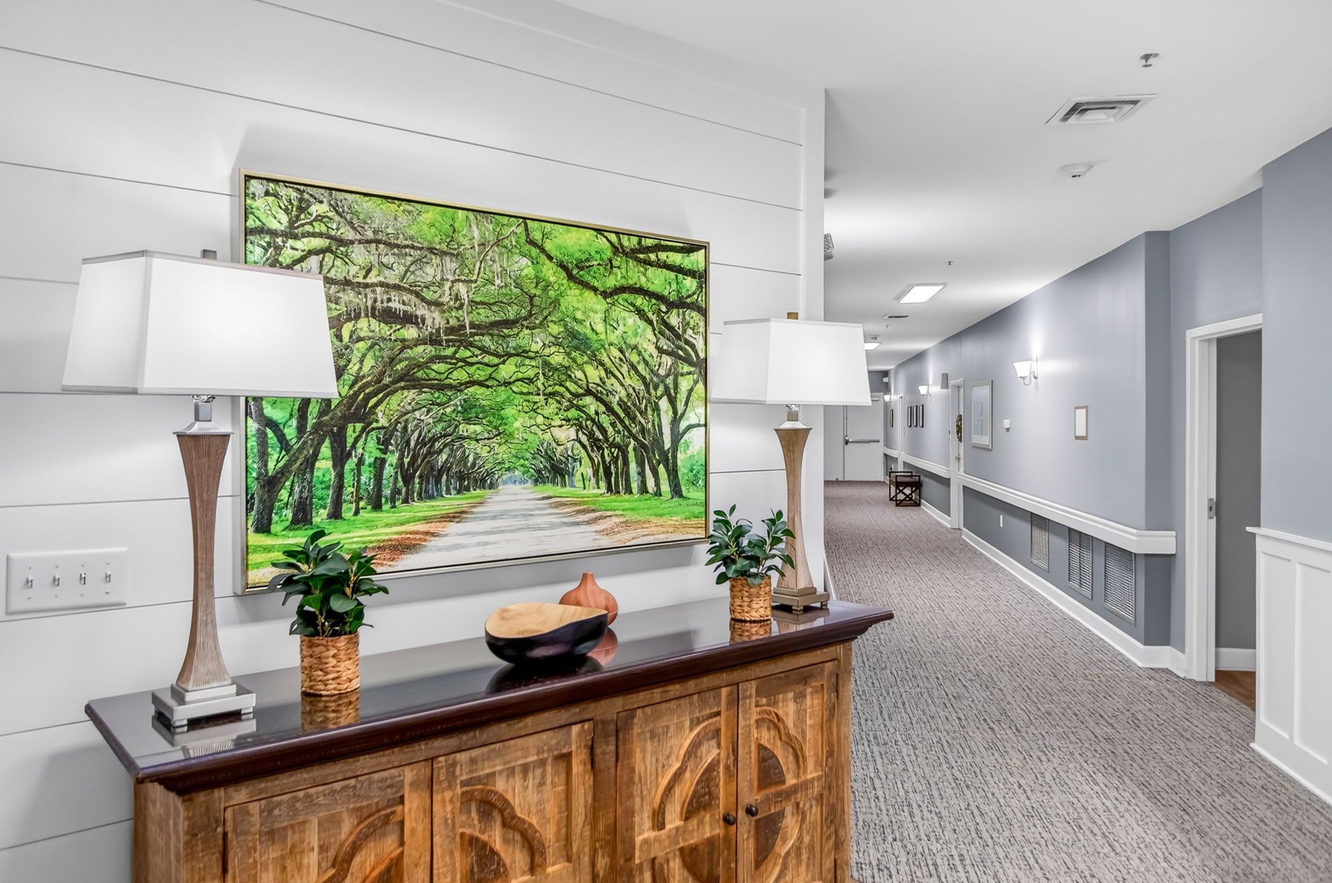 Bright hallway with white walls, patterned carpet, wooden console table, and a large forest landscape artwork.