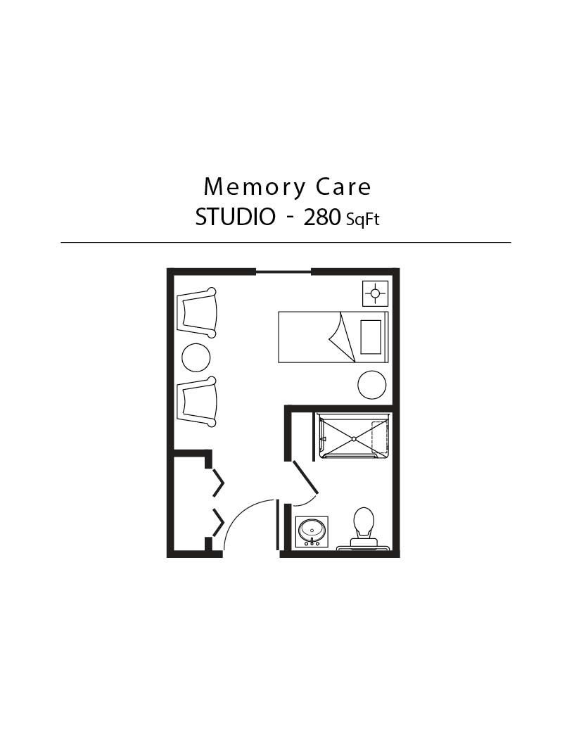 Floor plan of a Memory Care studio apartment: 280 sq ft with a bed, bathroom, and small kitchenette.