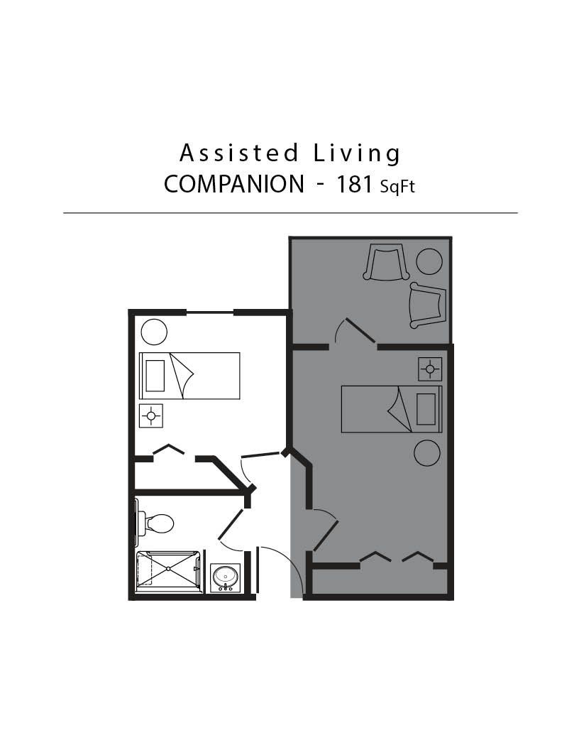 Floor plan: Assisted living, companion suite. 161 sq ft. Includes bedroom, bathroom, living area; shaded.