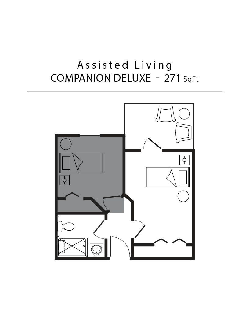 Floor plan of an Assisted Living Companion Deluxe unit, with 271 sq. ft. Shows a bathroom, living area, and bedroom.