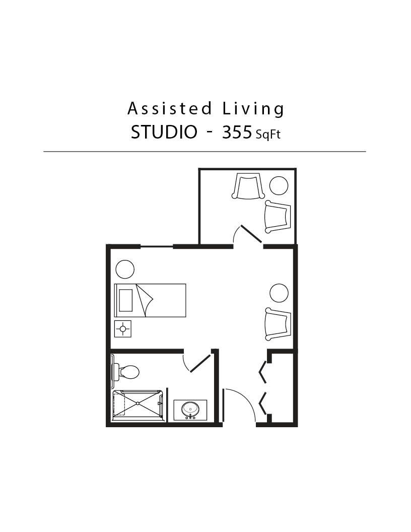 Floor plan of an assisted living studio apartment with a bathroom, kitchenette, and bedroom area.